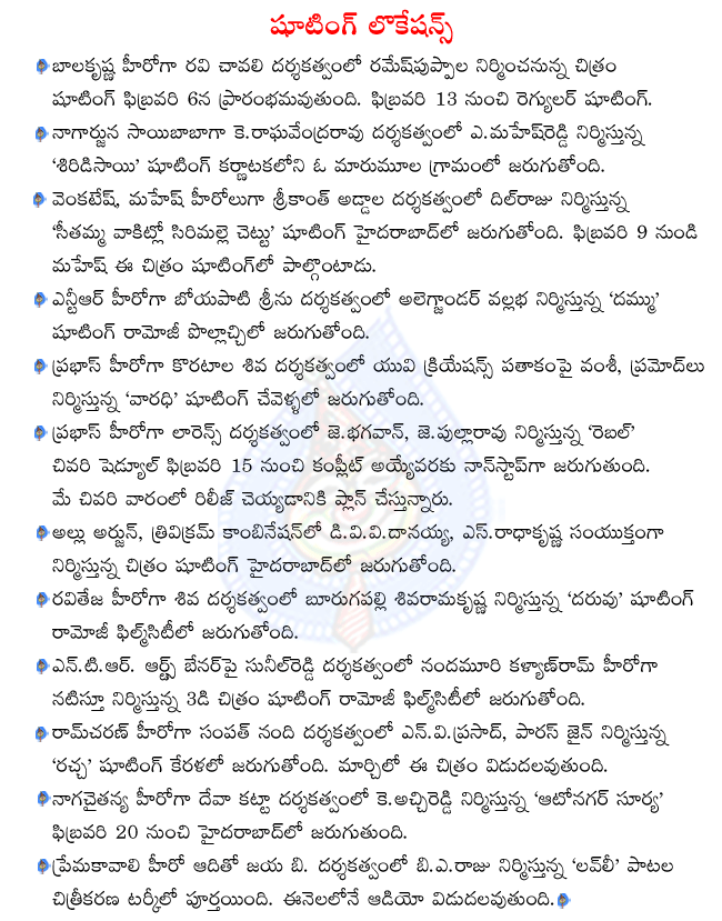 nagarjuna in shirdi sai shooting,prabhas in varadhi shooting,nagachaitanya in auto nagar surya shooting pawan kalyan in gabbar shooting,ramcharan in rachcha shooting,ntr in dammu shooting,balakrishna new film starts on feb 6th