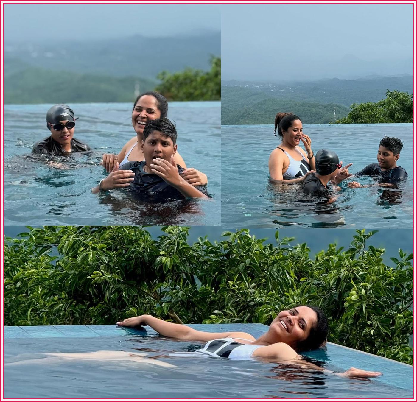 Anasuya enjoying in swimming pool with her two sons