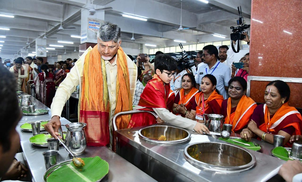 Chandrababu Naidu family members serve meals to Tirumala pilgrims