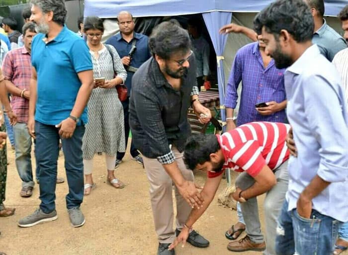 Chiranjeevi and SS Rajamouli at Rangasthalam Sets