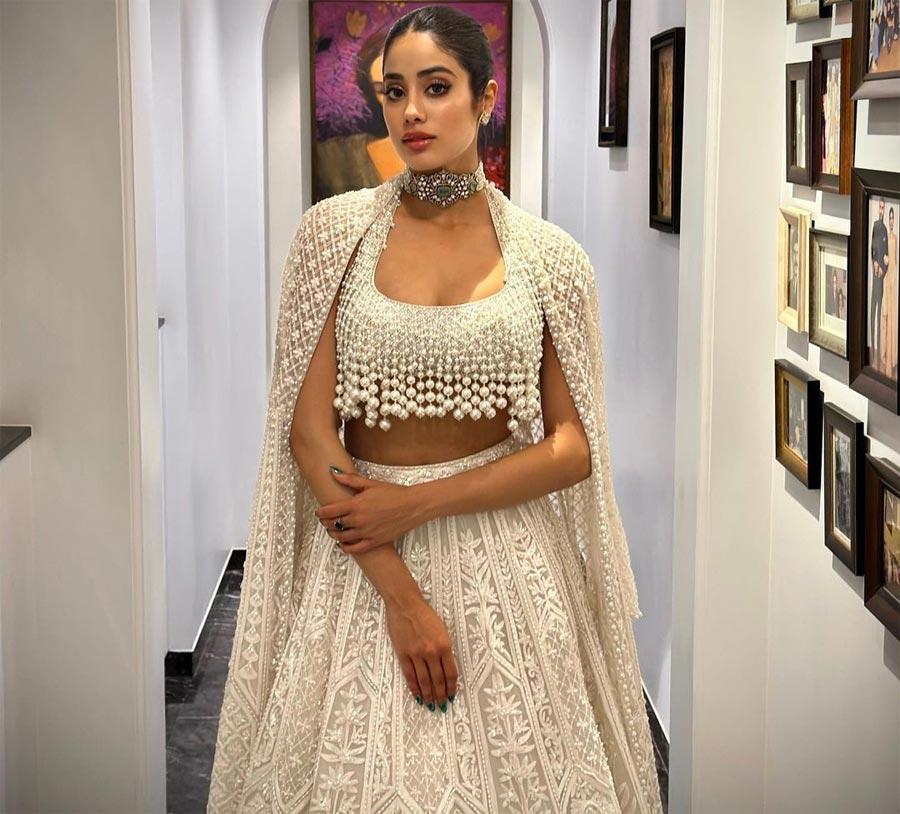 Janhvi Kapoor wore a pearl studded lehenga with a shrug