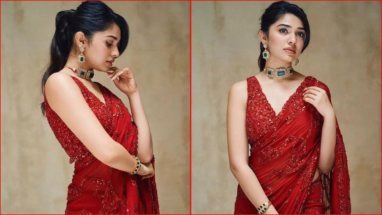 Krithi Shetty looks beautiful in maroon saree
