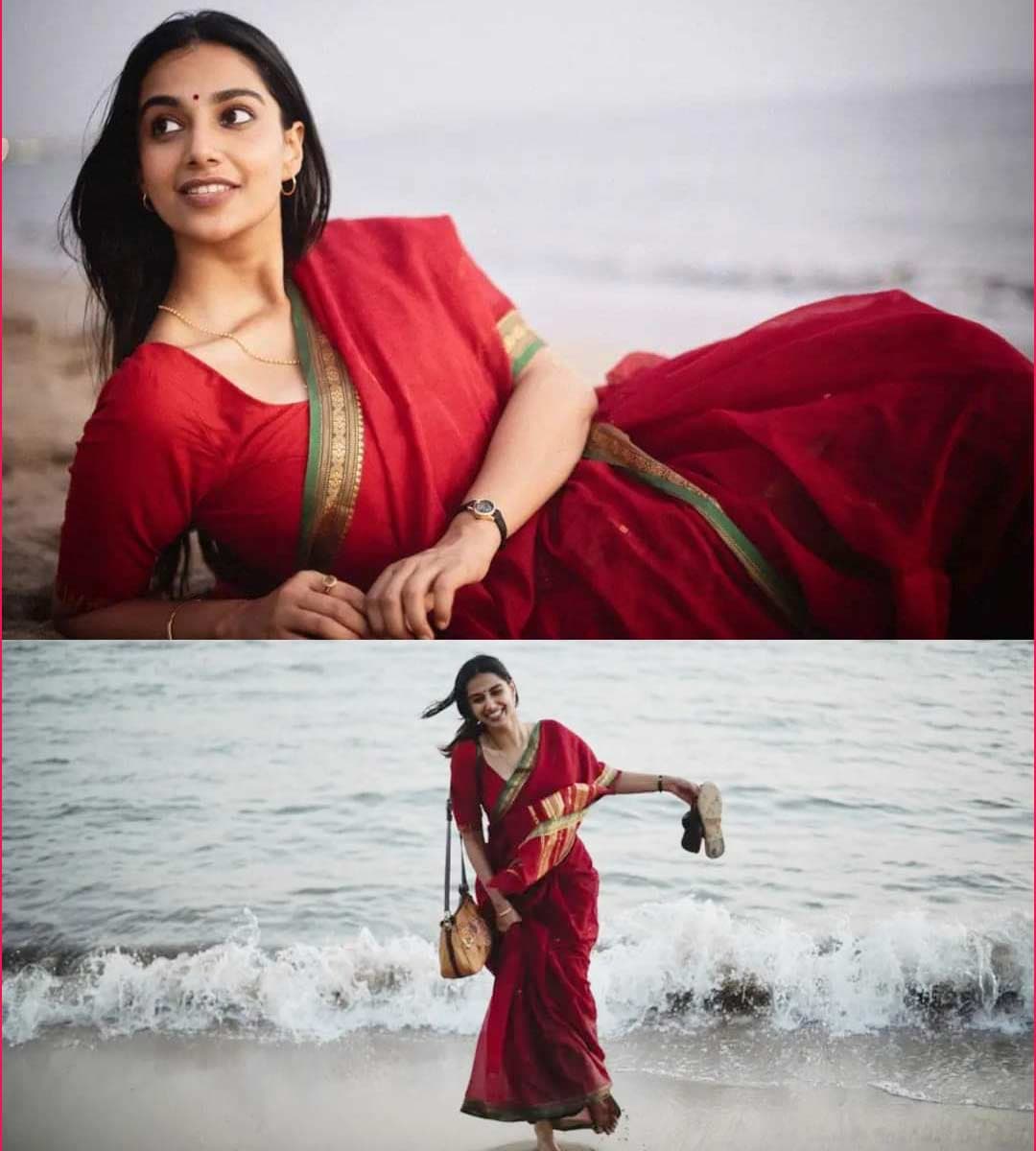 Meenakshi Chaudhary Latest Stunning Looks In Red Saree