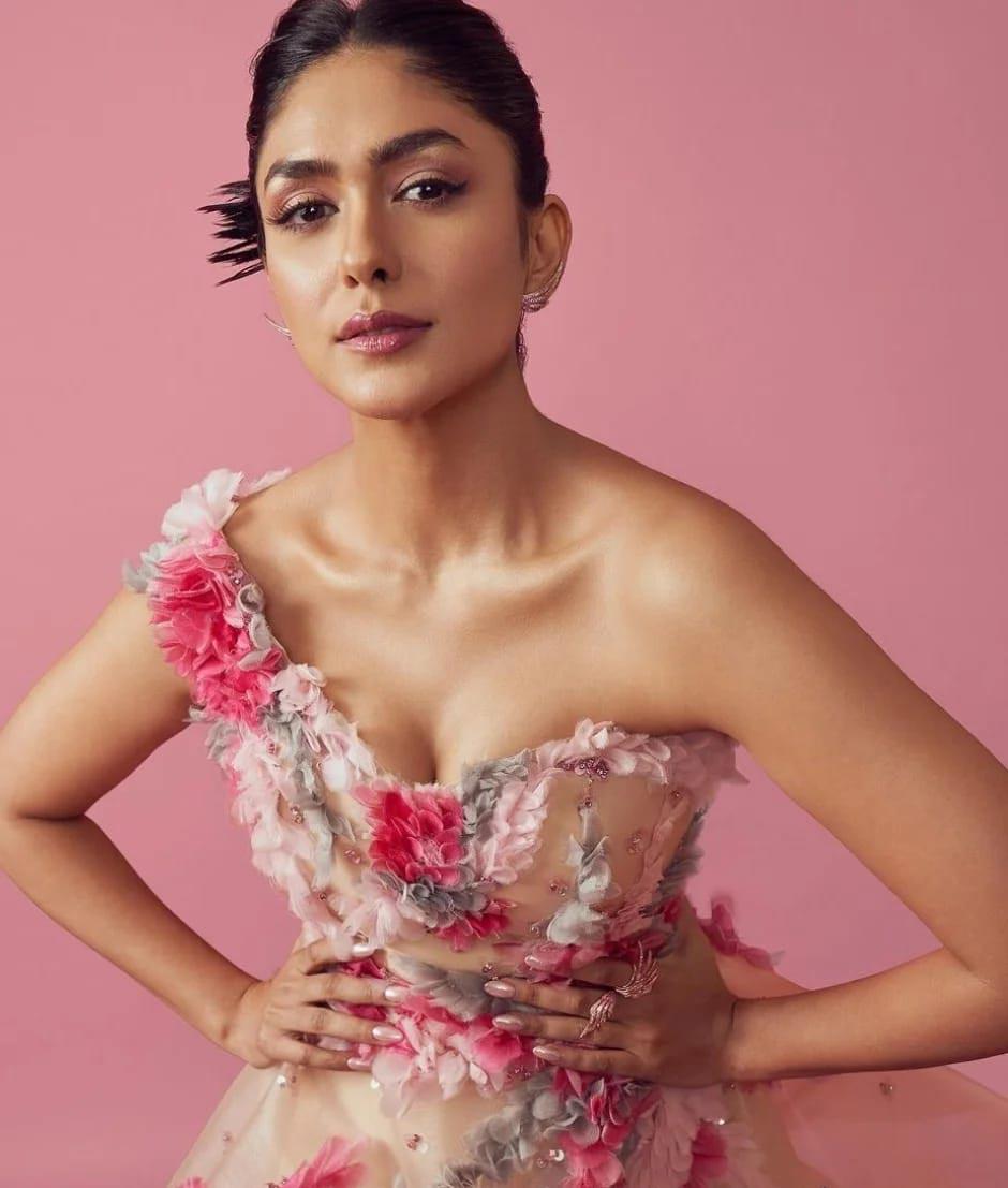 Mrunal Thakur in a pink 3-D floral gown