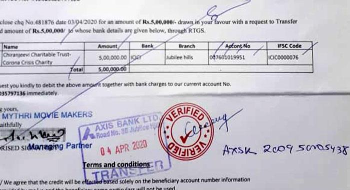 Mythri Movie Makers donates 5 lakhs to Cine Workers 