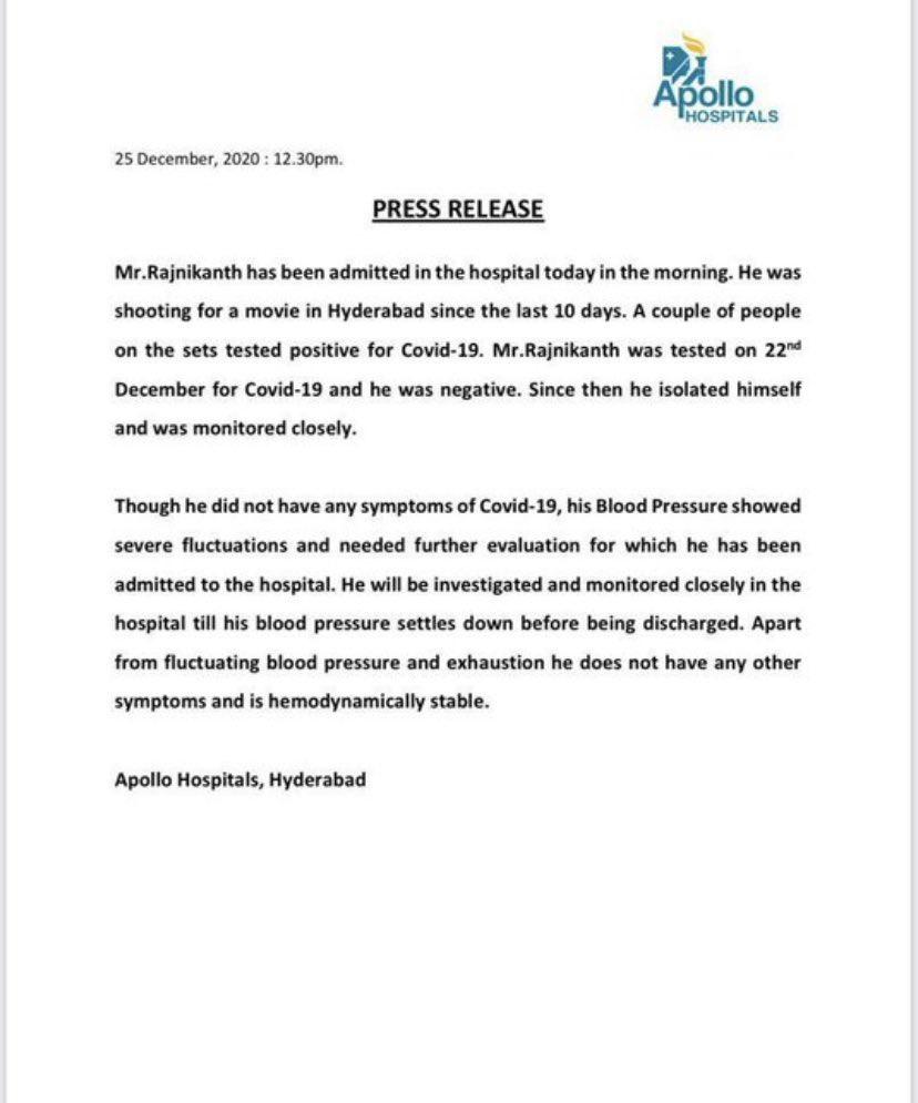 Rajinikanth tests Negative
