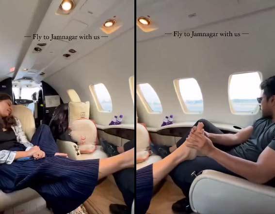 Ram Charan foot massage Upasana Konidela while flight Jamnagar 
