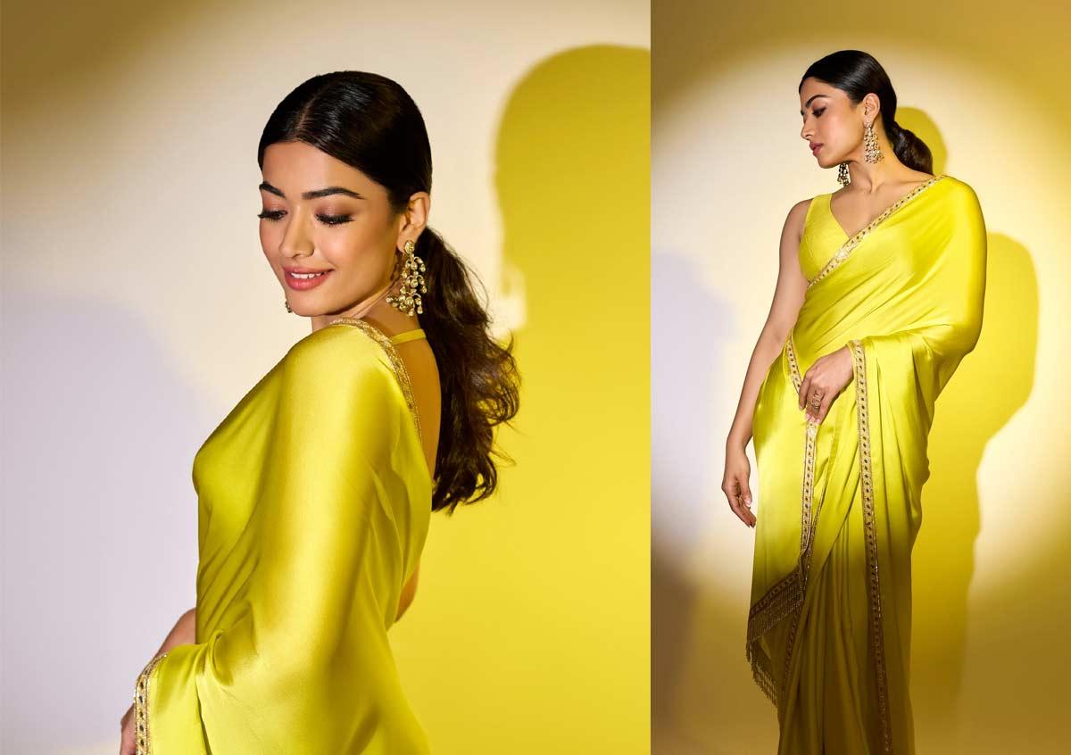 Rashmika in Parrot Green Saree 