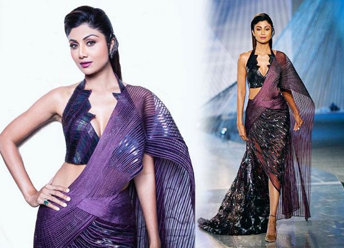 Shilpa Shetty in a Fierce, Metallic Plum Saree