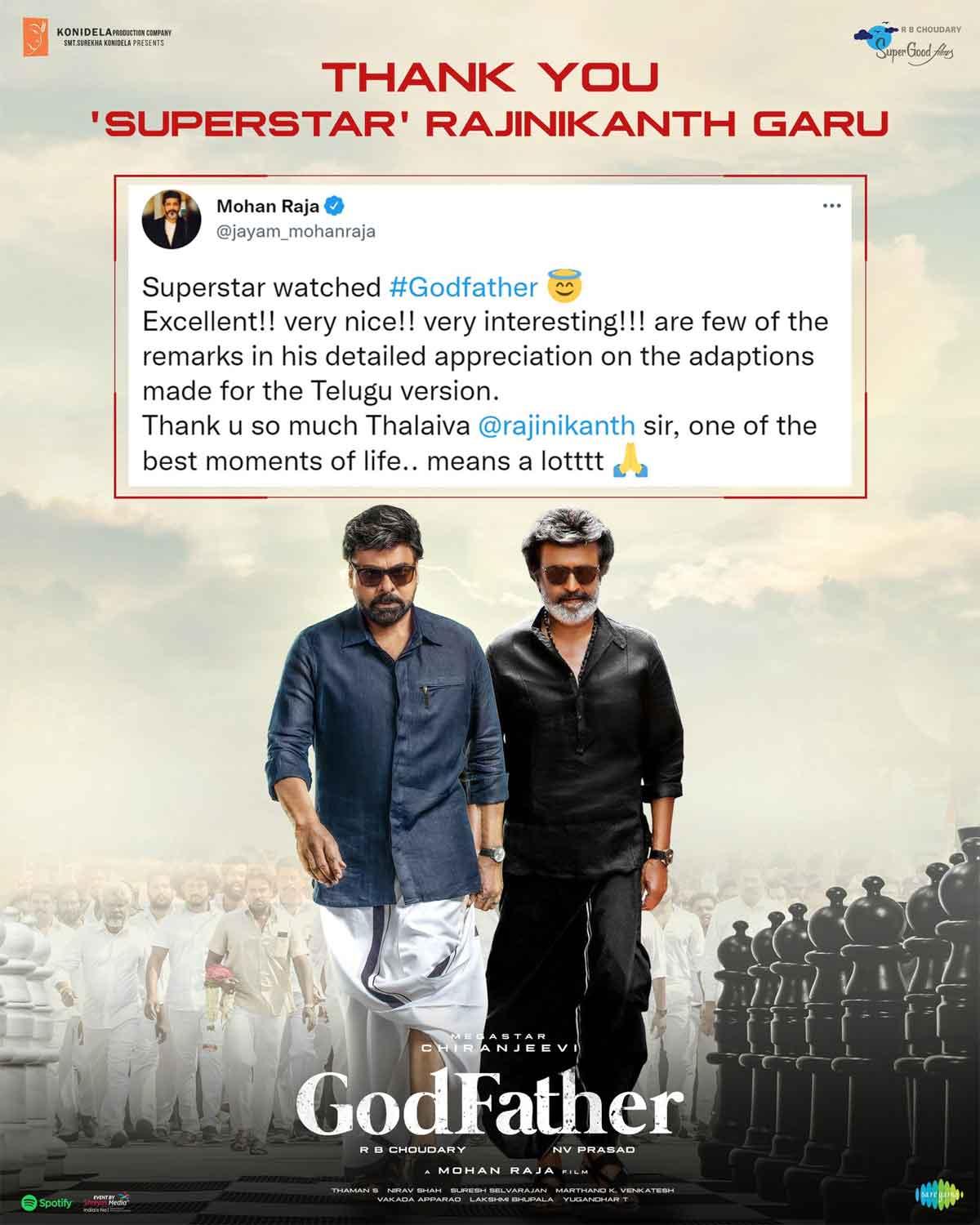 SuperStar Rajnikanth appreciates Megastar GodFather
