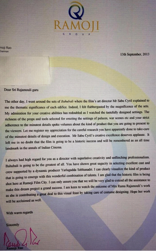 Ramoji's Letter of Appreciation for Rajamouli