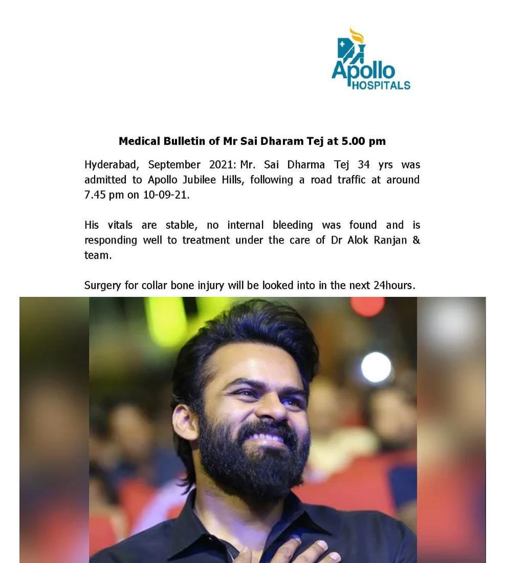 Apollo Hospitals latest on Sai Dharam Tej's health