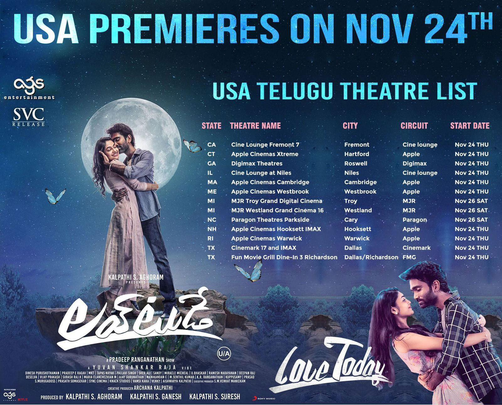 Love Today Telugu Movie US Theater List