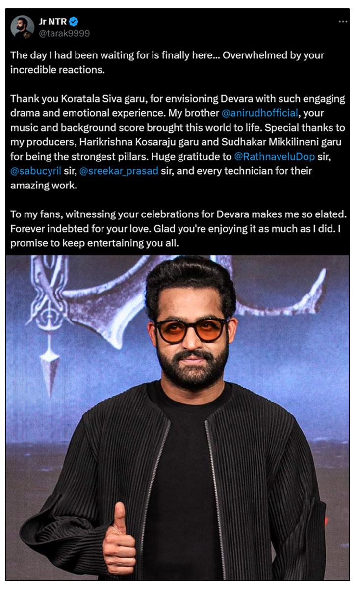 NTR Thanks Koratala Siva And Fans For Devara Response