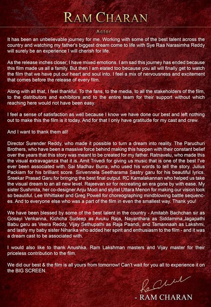 Ram Charan Posts Most Touching Letter on Sye Raa