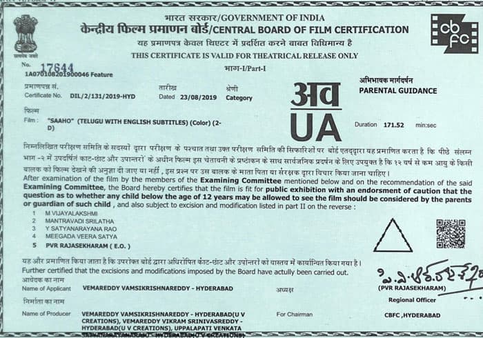 Saaho Censor Certificate
