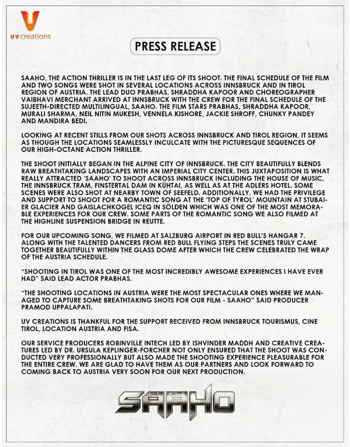 Saaho Team Thrilled! Press Note Releasesd