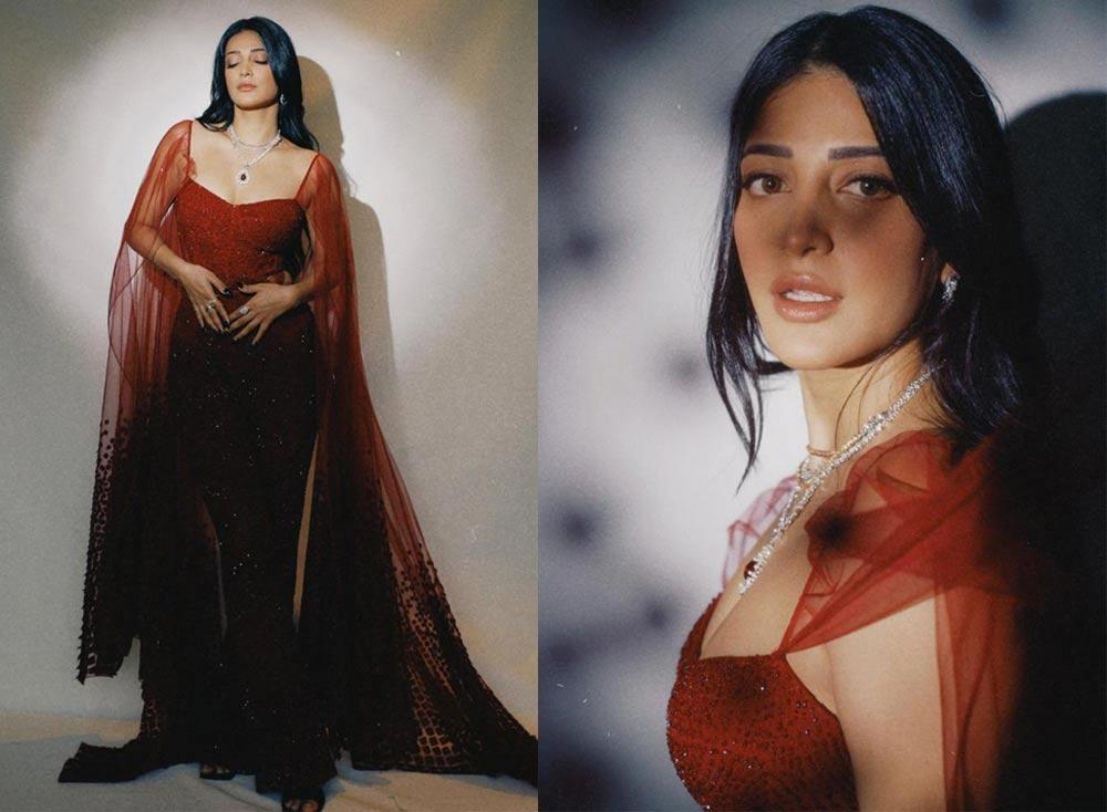 Shruti Haasan Stuns In A Ruby Red Embroidered Dress