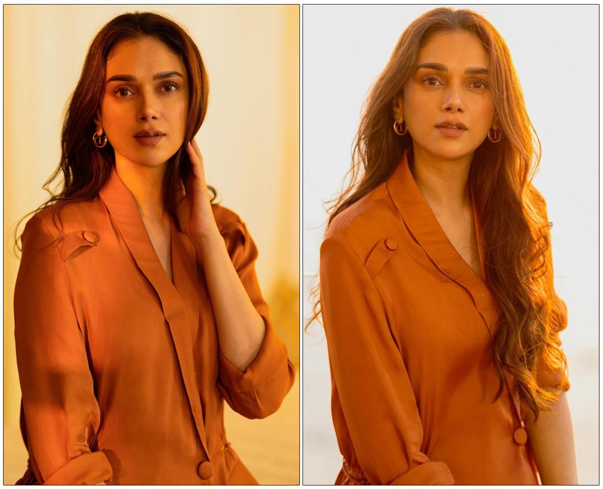 Aditi Rao Hydari showcasing a stunning monochrome look in vibrant orange