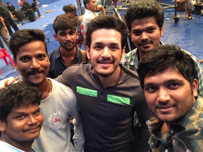 Akhil With Team At Mountain Dew Commercial Shoot