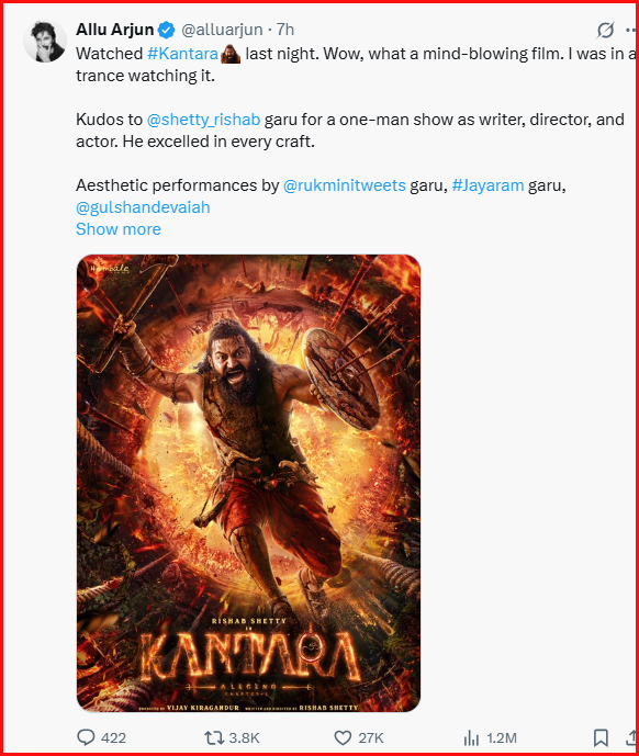 Allu Arjun praises Kantara Chapter 1