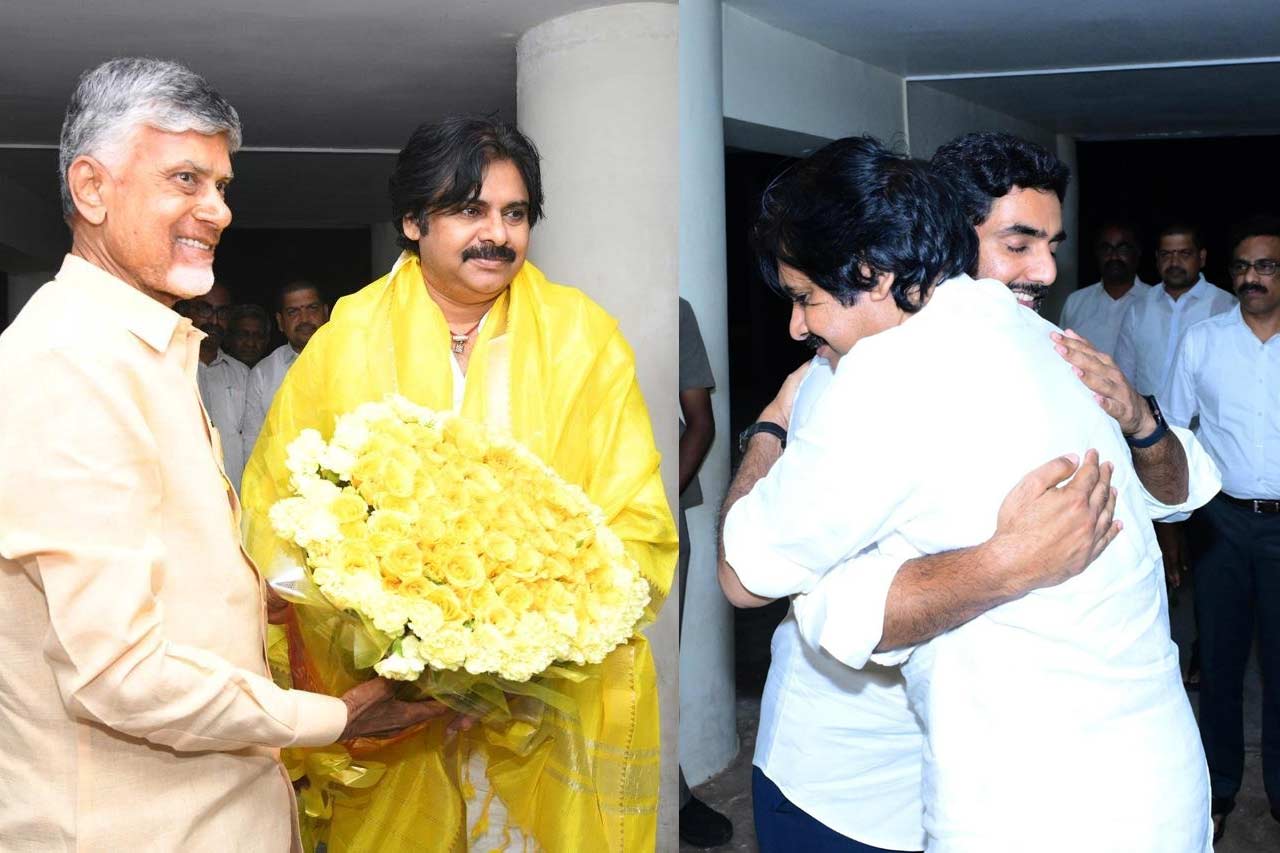 CBN, Lokesh hugs Pawan as he  meets Undavalli