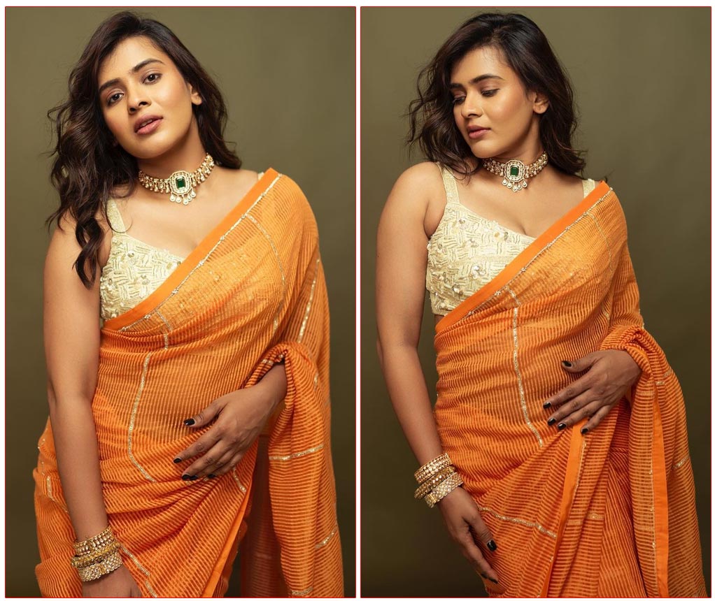 Hebah Patel Seduces In Orange Saree