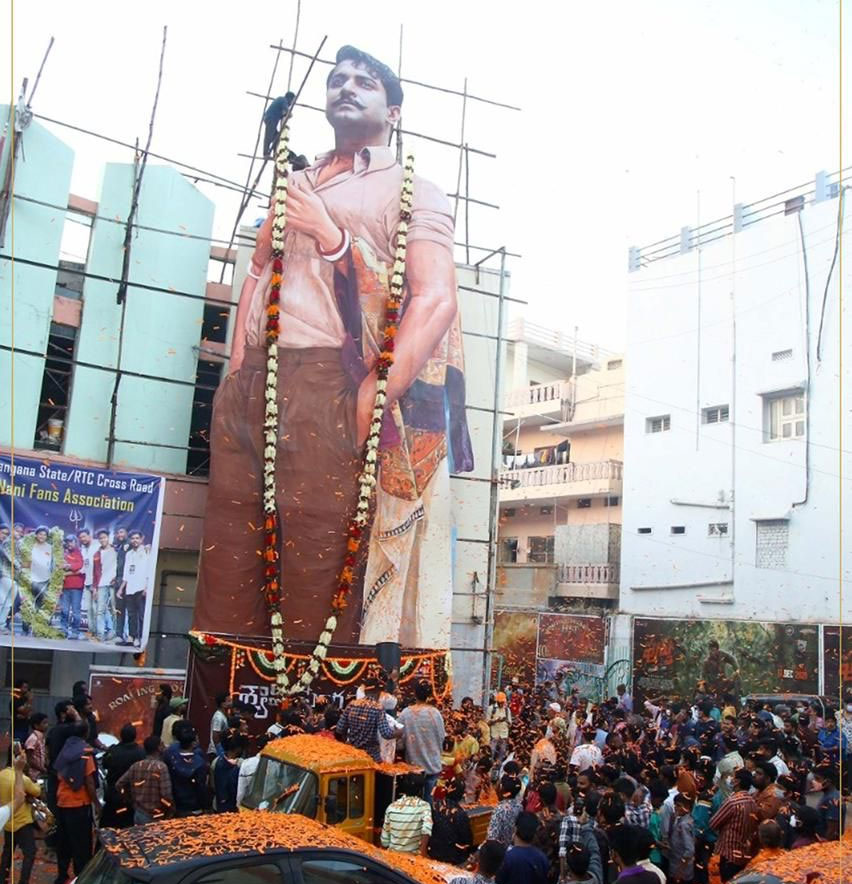 Huge cutout of Nani erected prior to Shyam Singha Roy's release
