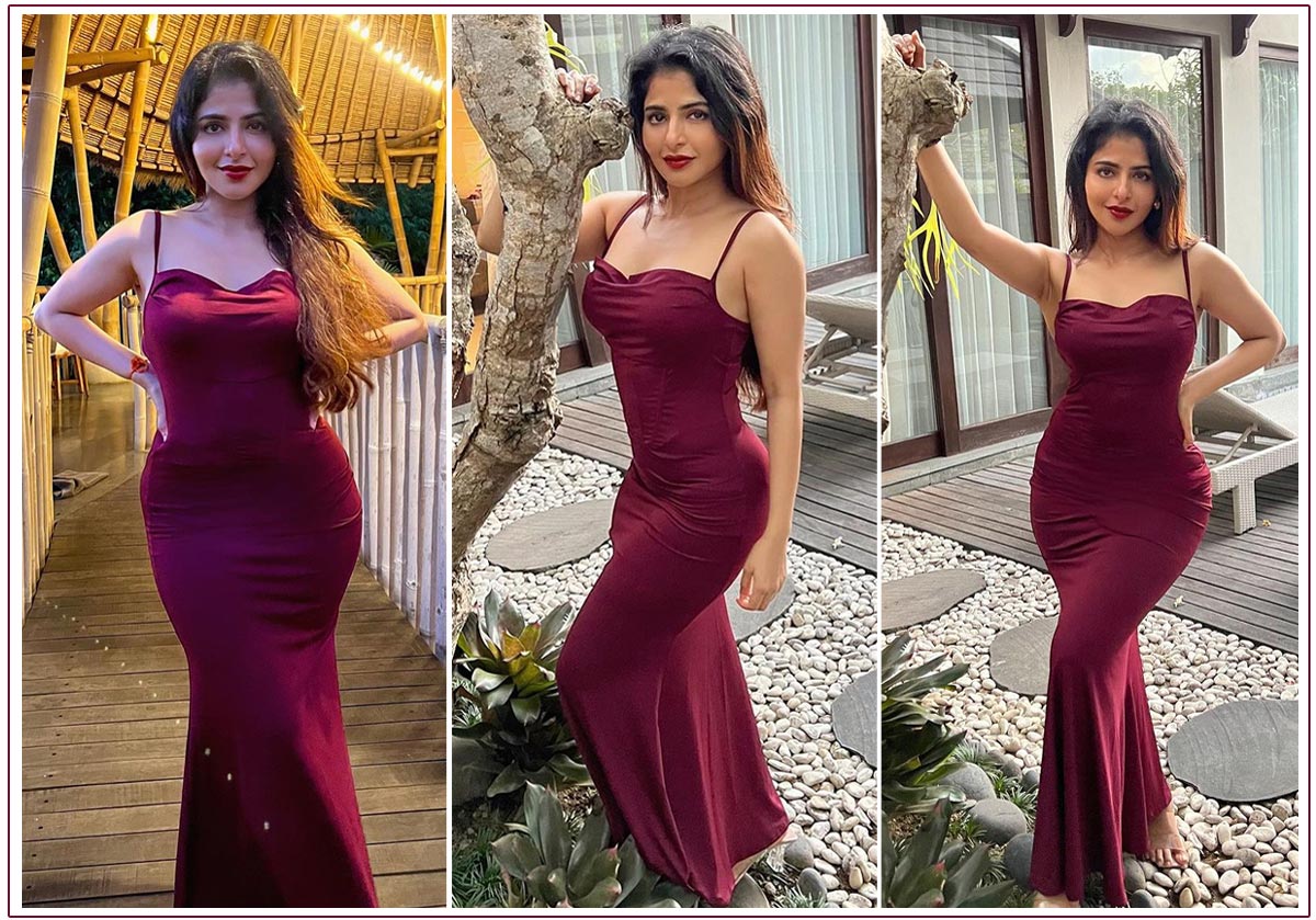 Iswarya Menon stunning in a maroon mermaid dress