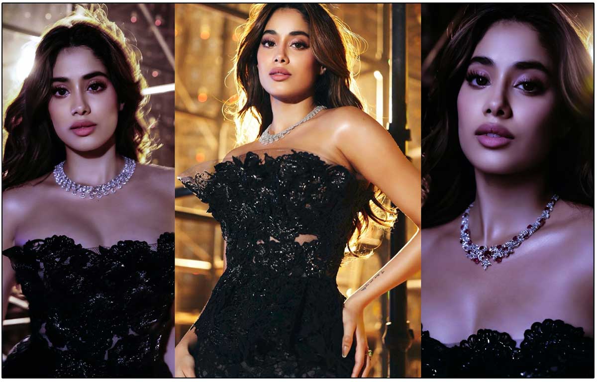 Janhvi Kapoor in black velvet maxi dress