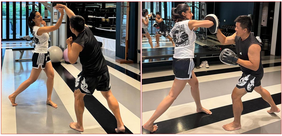 Meenakshi Chaudhary landing punches in boxing