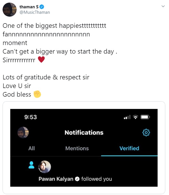 Pawan Kalyan Follows Thaman In Twitter