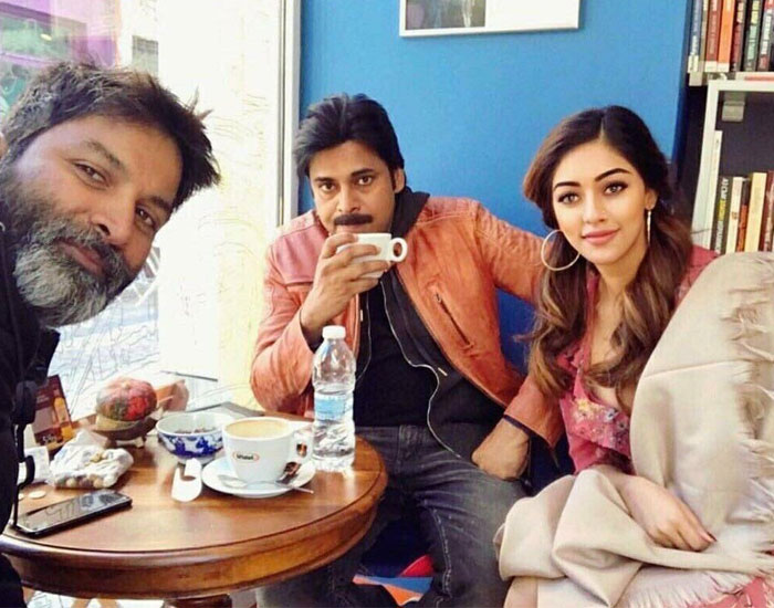 Pawan Kalyna, Trivikram and Anu Emmanuel in Agnathavasi Sets