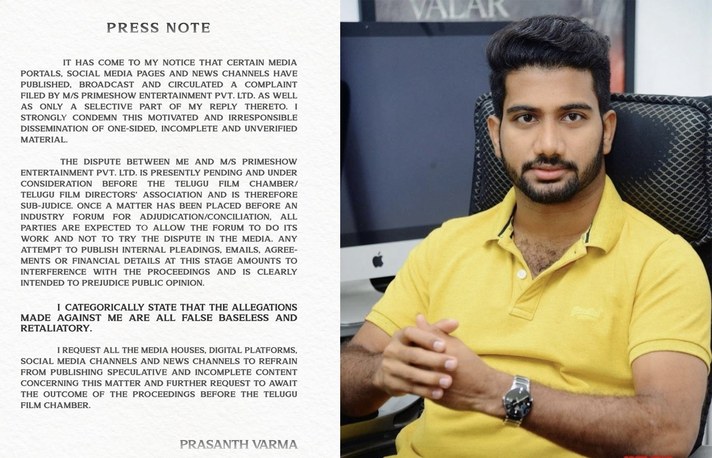 Prashanth Varma strongly counter allegations on him
