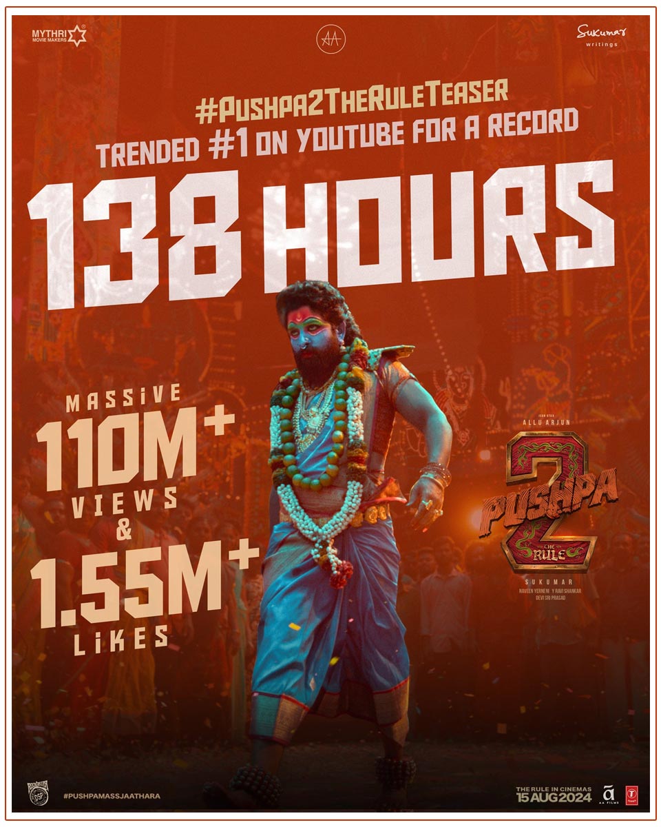 Pushpa 2 Teaser becomes the first teaser to be 𝗧𝗥𝗘𝗡𝗗𝗜𝗡𝗚 𝟭 on YouTube for a record 138 HOURS