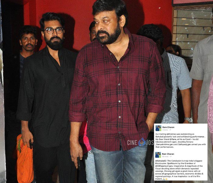 Ramcharan, Chiranjeevi At Baahubali 2 Show