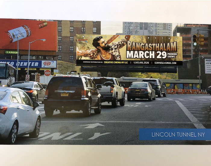 Rangasthalam Banner in New York Rocking