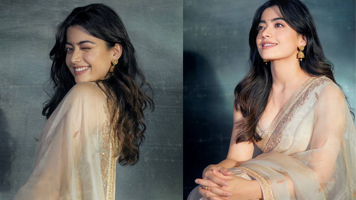  Rashmika sparkles in a Golden Saree