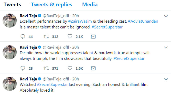Ravi Teja Tweets on Secret Super Star