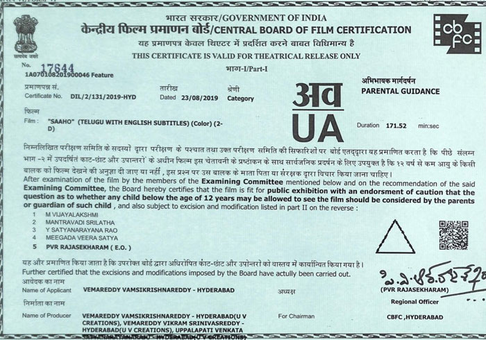 Saaho Censor Certificate 
