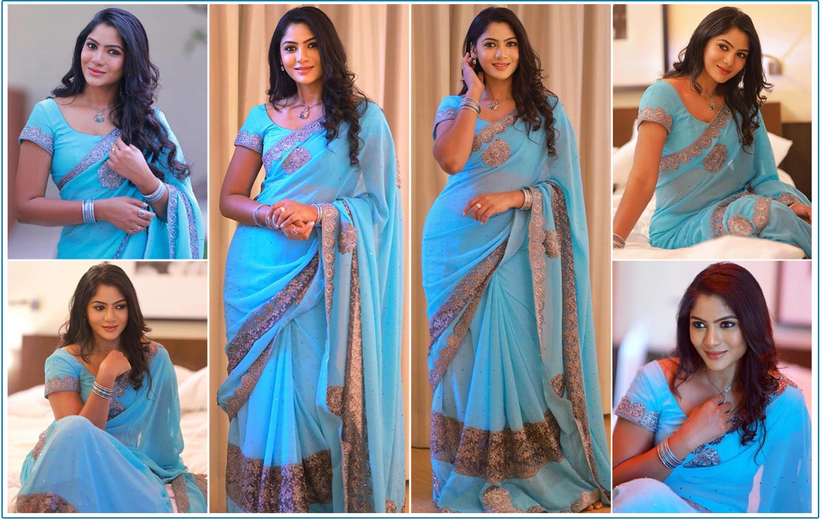 Shruti Reddy donned a sky-blue chiffon saree