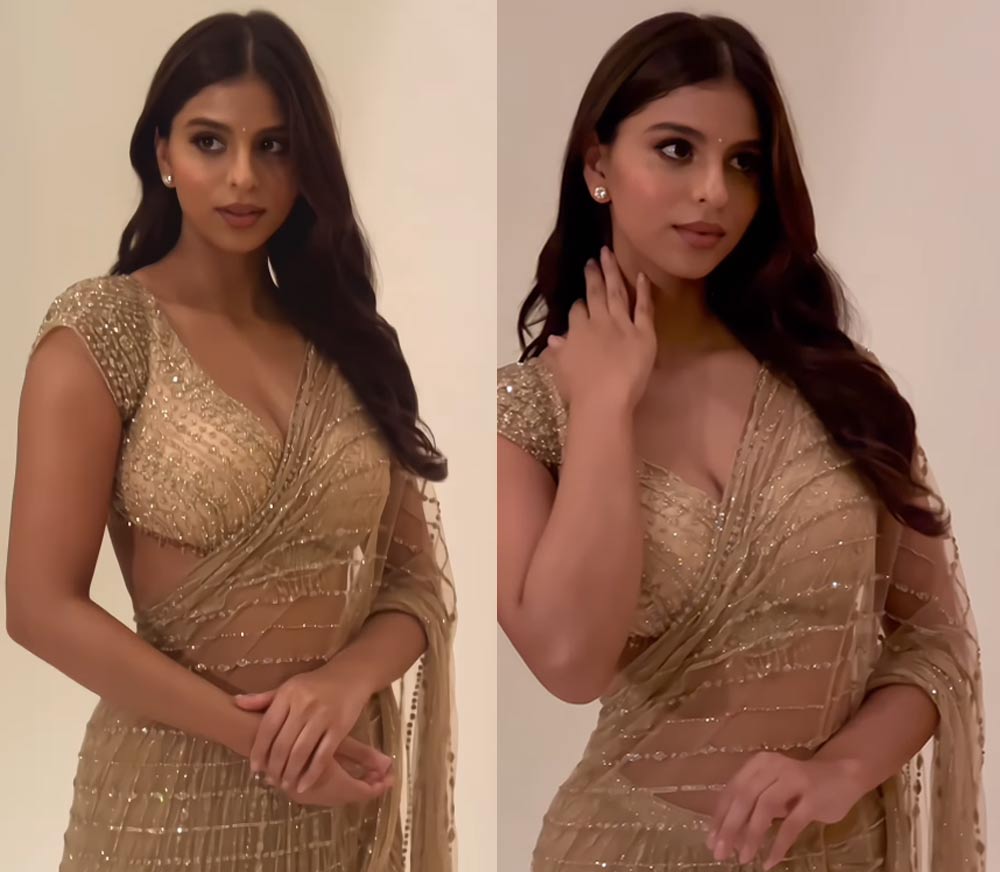 Suhana Khan Brings In The Festive Vibes In A Shimmering Gold Saree 