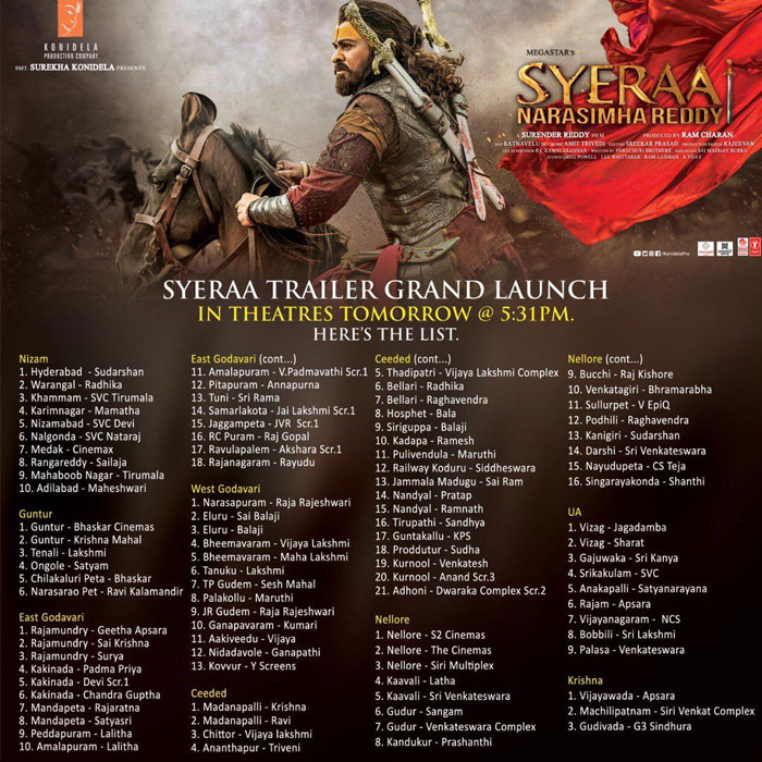 Sye Raa Trailer Launch Exact Time