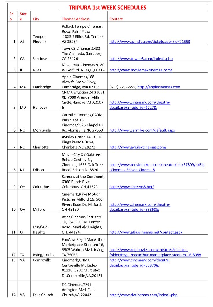 TRIPURA USA 1st Week Schdeule