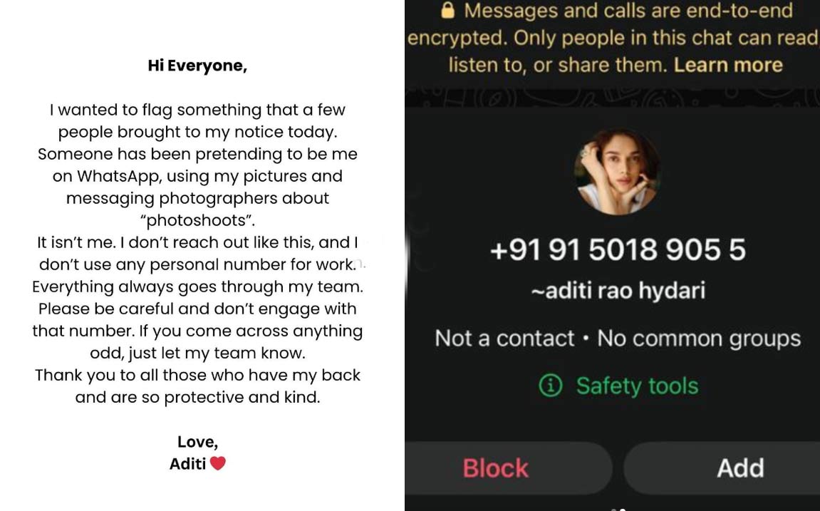 aditi rao  అతిదీరావ్ హైద‌రీ పేరుతో వాట్సాప్ మోసం