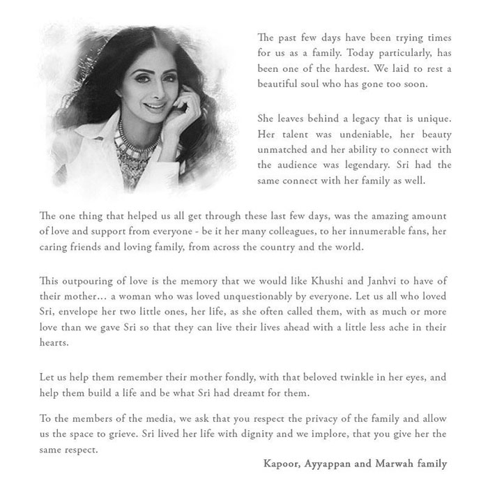 sridevi,family,heartfelt,letter,fans,jhanvi,khushi  శ్రీదేవి బంధువులు ఏం చెప్తున్నారంటే?