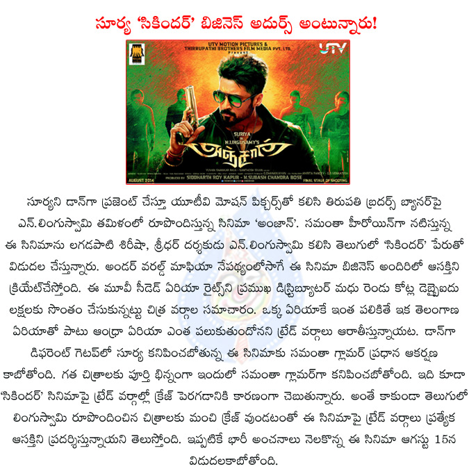 anjaan,surya,surya anjaan,sikandar,surya sikandar,anjaan telugu title sikandar,samantha,n.lingusamy,thirupathibrothers,utv motion pictures,lagadapati sirisha,sridhar,sikander gets fancy rate ceded,  anjaan, surya, surya anjaan, sikandar, surya sikandar, anjaan telugu title sikandar, samantha, n.lingusamy, thirupathibrothers, utv motion pictures, lagadapati sirisha, sridhar, sikander gets fancy rate ceded, 