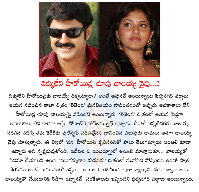 balakrishna,legend,no chances,heroines,balakrishna is god the heroines,anjali interests acting with balayya,balayya movies,no movie chances heroines eyes on balakrishna  balakrishna, legend, no chances, heroines, balakrishna is god the heroines, anjali interests acting with balayya, balayya movies, no movie chances heroines eyes on balakrishna