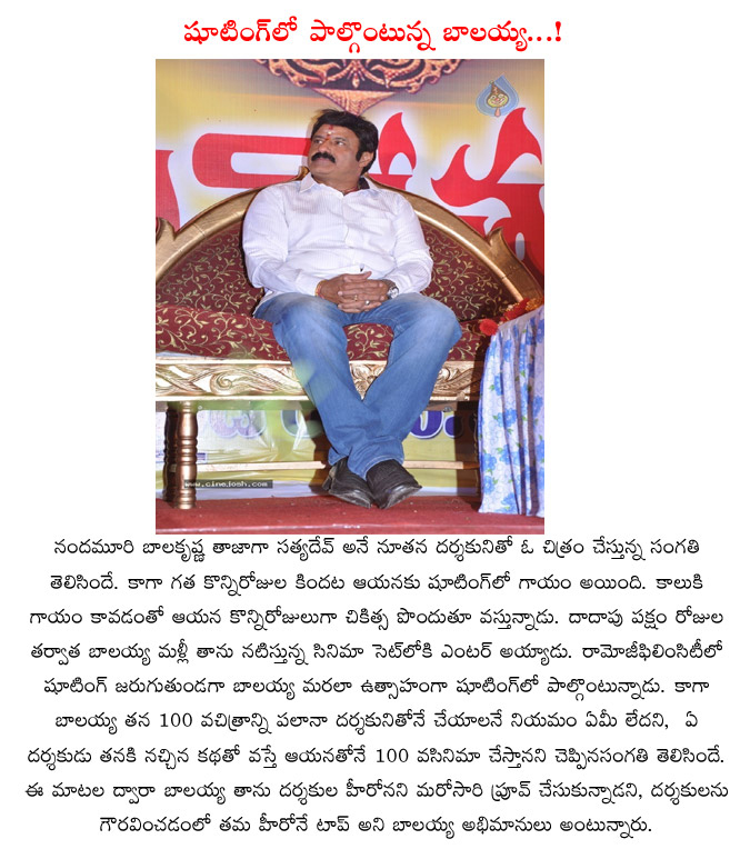 balakrishna,satyadeva,nandamuri balakrishna movies,injury to balakrishna,small accident,balakrishna join shooting,satya deva direction movie  balakrishna, satyadeva, nandamuri balakrishna movies, injury to balakrishna, small accident, balakrishna join shooting, satya deva direction movie