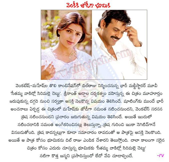 bhoomika,sithamma vakitlo sirimalle chettu movie,bhoomika with venkatesh,samantha with mahesh babu,malty starrier movie,bhoomika selected in sitamma vakitlo sirimalle chettu,bhoomika lead role in svsc,trisha out,bhoomika,dil raju movie,venky with prince  bhoomika, sithamma vakitlo sirimalle chettu movie, bhoomika with venkatesh, samantha with mahesh babu, malty starrier movie, bhoomika selected in sitamma vakitlo sirimalle chettu, bhoomika lead role in svsc, trisha out, bhoomika, dil raju movie, venky with prince